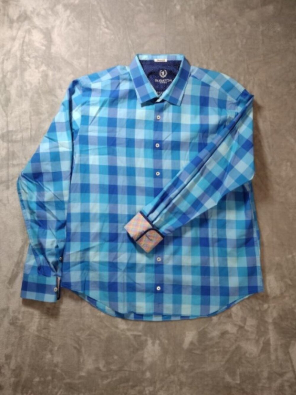 Bugatchi UOMO Mens Med Button Up Long Shirt Blue Check wRainbow Plaid Flip Cuff